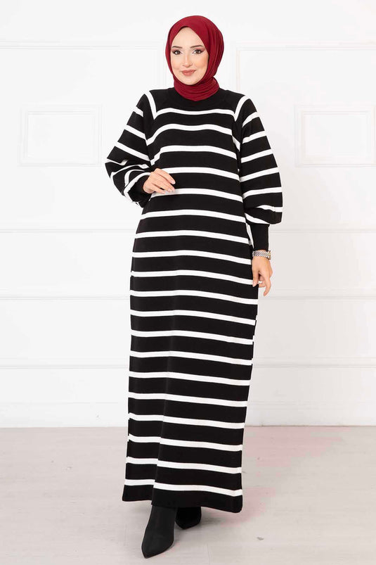 Balloon Sleeve Striped Knit Dress Black