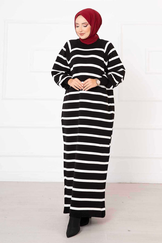 Balloon Sleeve Striped Knit Dress Black