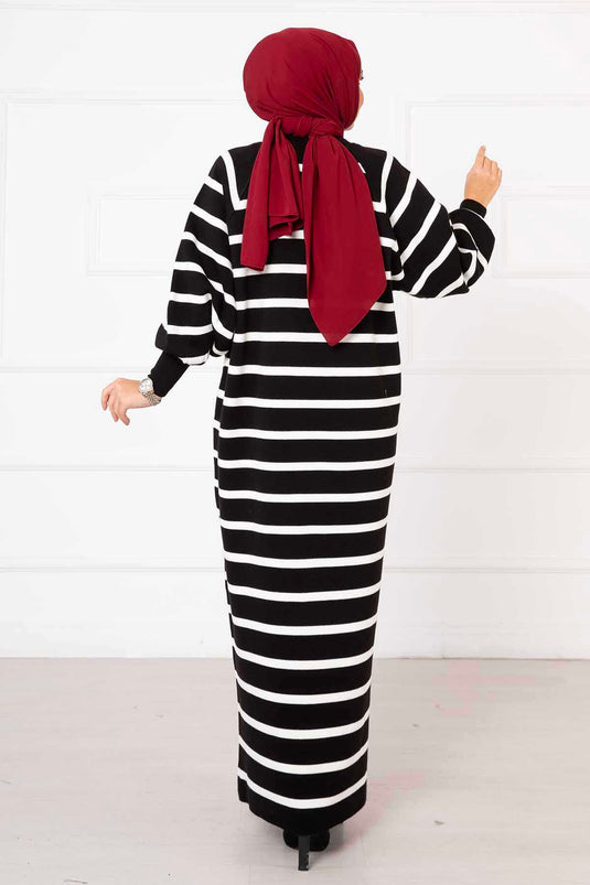 Balloon Sleeve Striped Knit Dress Black