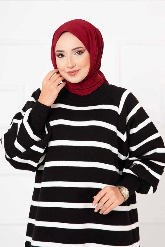 Balloon Sleeve Striped Knit Dress Black