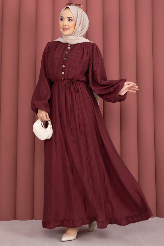 Robe Modeste à Manches Bouffantes et Volants Bordeaux