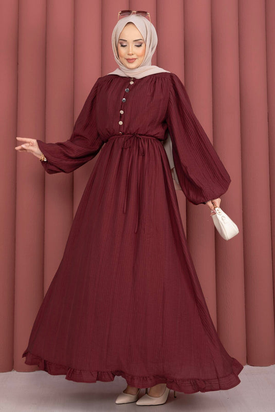 Robe Modeste à Manches Bouffantes et Volants Bordeaux