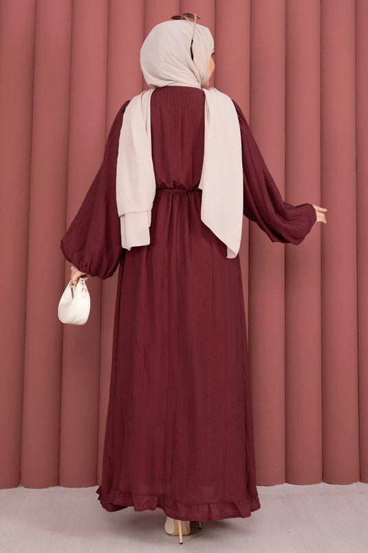 Robe Modeste à Manches Bouffantes et Volants Bordeaux