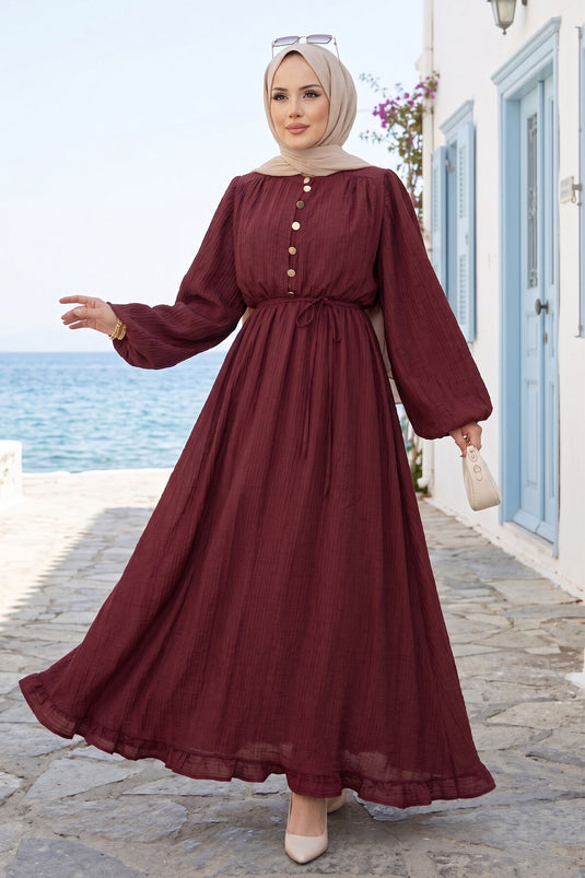 Robe Modeste à Manches Bouffantes et Volants Bordeaux