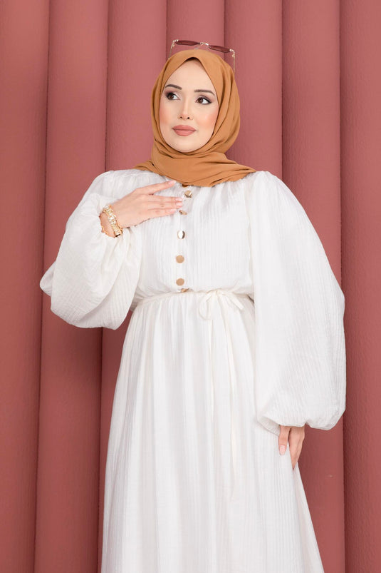 Robe Modeste à Manches Bouffantes et Volants, Couleur Écru