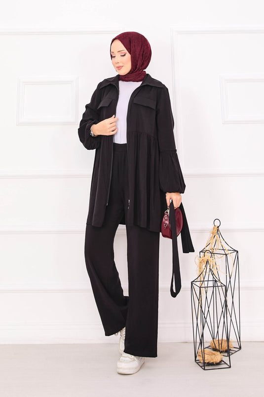 بدلة حجاب بأكمام منفوخة وسحاب باللون الأسود
