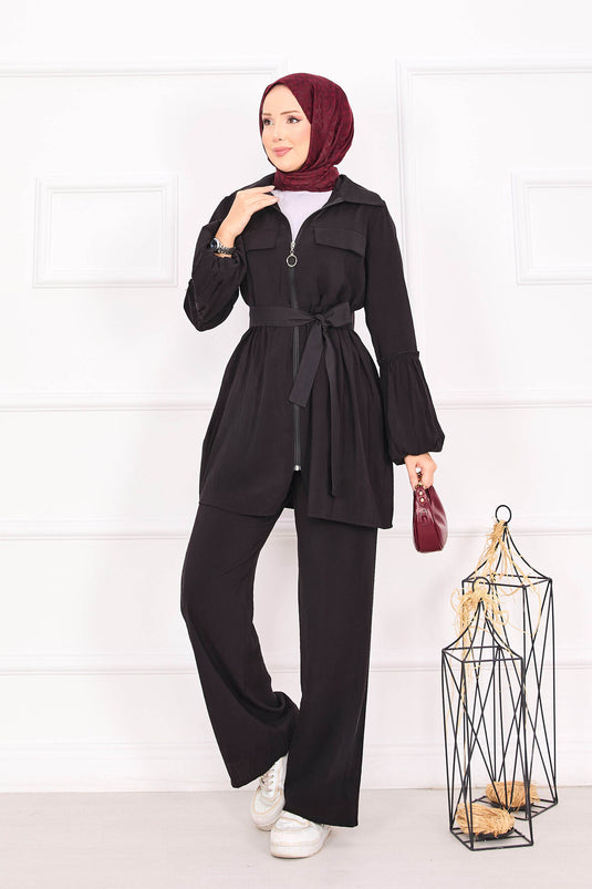 بدلة حجاب بأكمام منفوخة وسحاب باللون الأسود