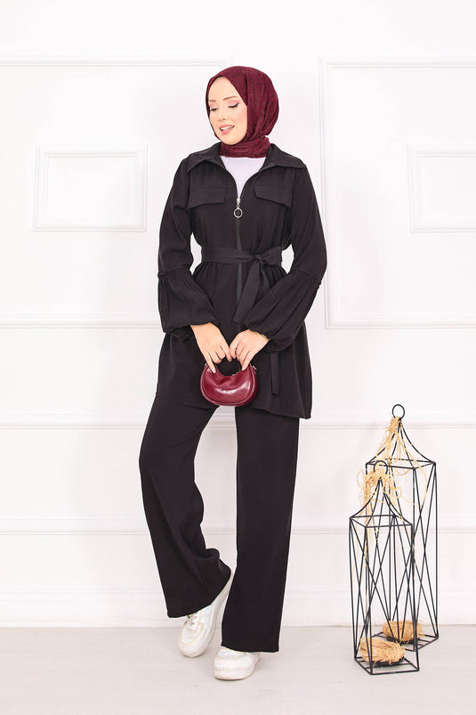 بدلة حجاب بأكمام منفوخة وسحاب باللون الأسود