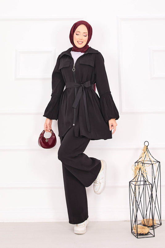 بدلة حجاب بأكمام منفوخة وسحاب باللون الأسود