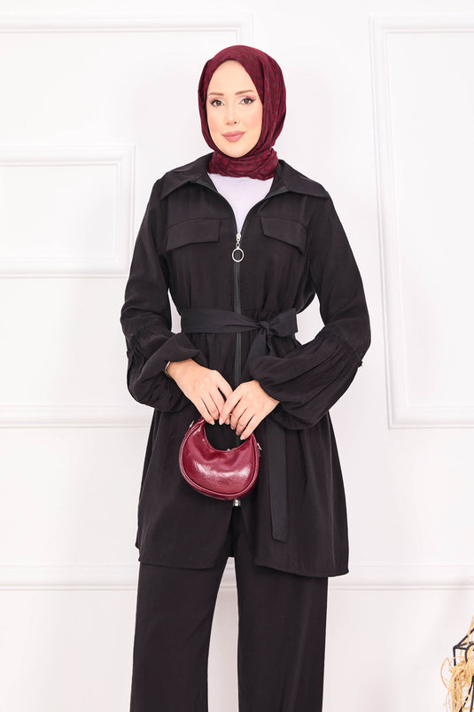 بدلة حجاب بأكمام منفوخة وسحاب باللون الأسود