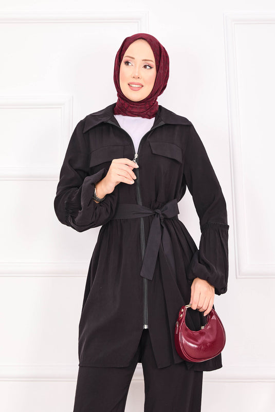 بدلة حجاب بأكمام منفوخة وسحاب باللون الأسود