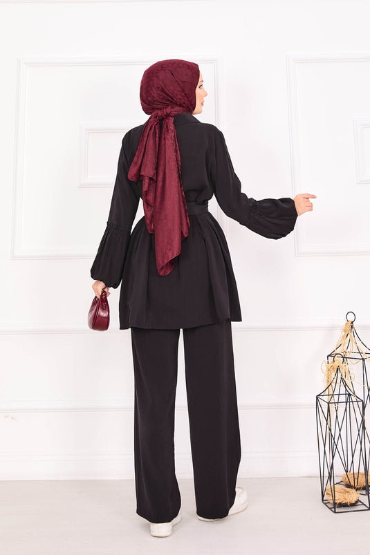 بدلة حجاب بأكمام منفوخة وسحاب باللون الأسود