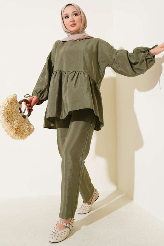 Balloon Sleeve Ruffle Parachute Two Piece Set Khaki