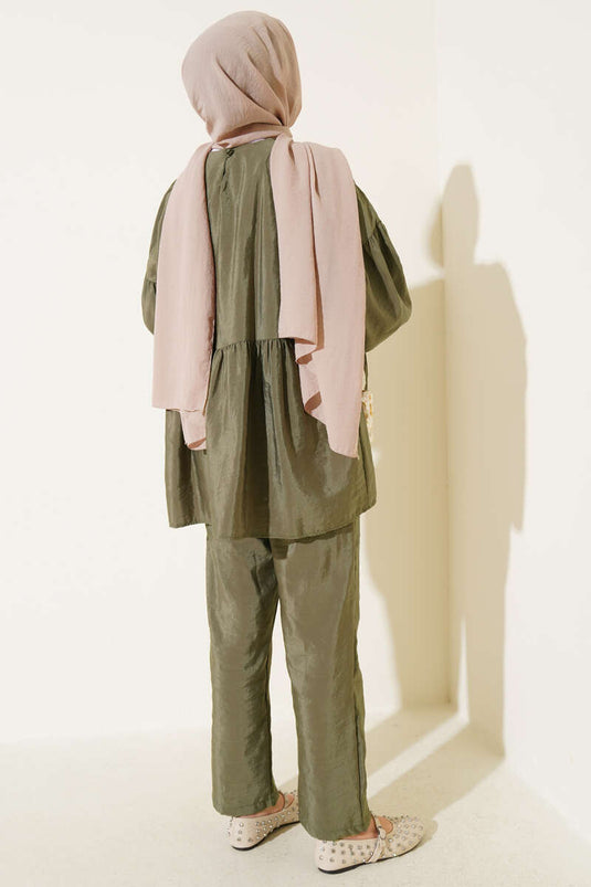 Balloon Sleeve Ruffle Parachute Two Piece Set Khaki