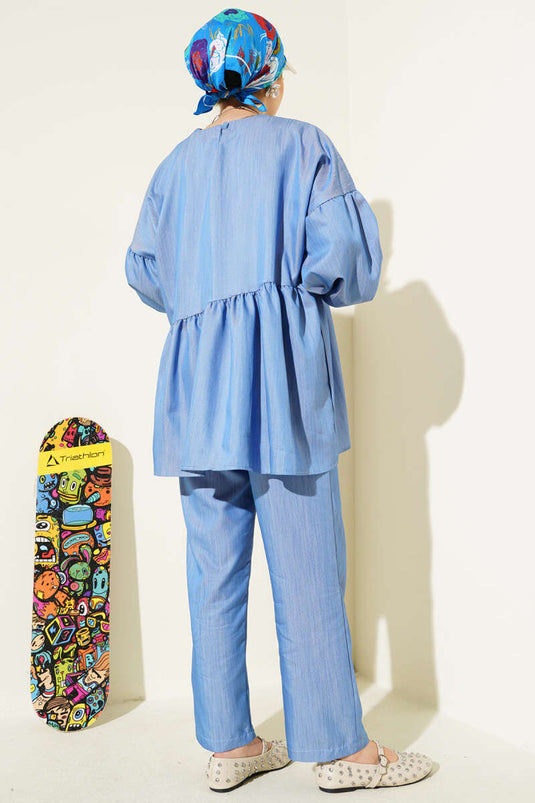 طقم مظلة بأكمام منفوخة من قطعتين باللون الأزرق