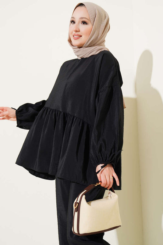 طقم مزدوج من البالون ذو الأكمام المزخرفة والمظلة باللون الأسود