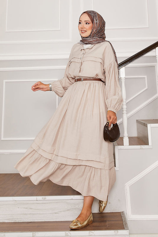 Balloon Sleeve Shirt Skirt Two Piece Set Beige