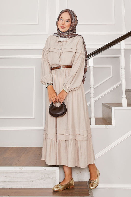 Balloon Sleeve Shirt Skirt Two Piece Set Beige