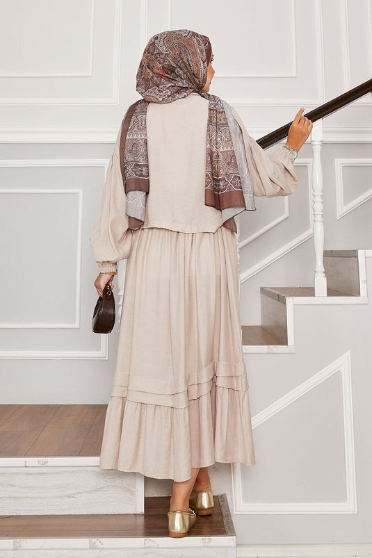 Balloon Sleeve Shirt Skirt Two Piece Set Beige