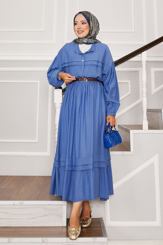 Balloon Sleeve Shirt Skirt Two Piece Set Blue