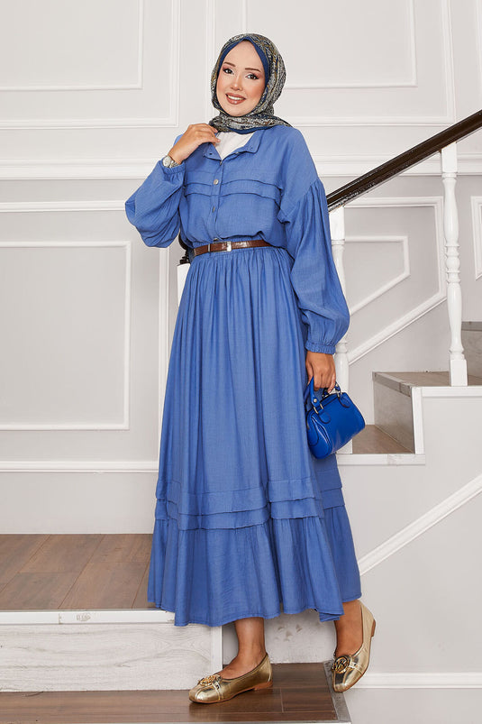 Balloon Sleeve Shirt Skirt Two Piece Set Blue