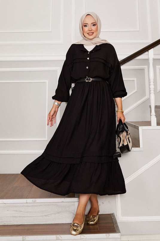 Balloon Sleeve Shirt Skirt Two Piece Set Black