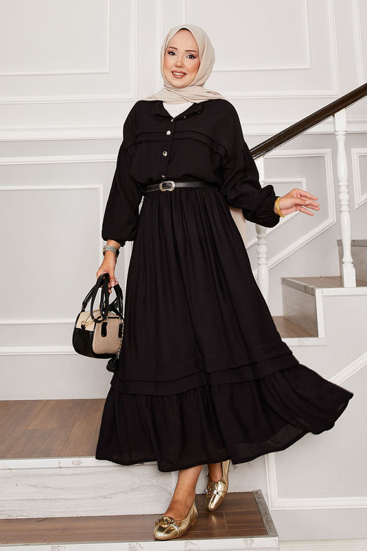 Balloon Sleeve Shirt Skirt Two Piece Set Black