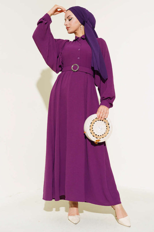 Robe Col Chemise Manches Ballon Violet