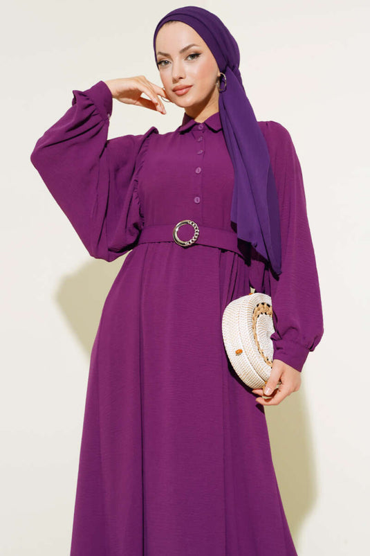 Robe Col Chemise Manches Ballon Violet