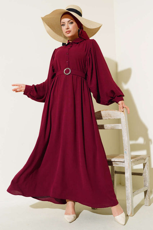 Robe Col Chemise Manches Ballon Prune