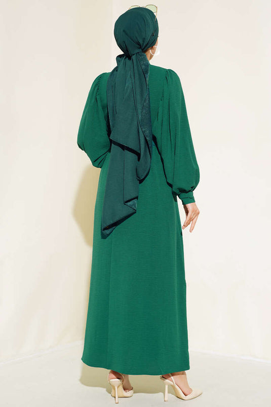 Balloon Sleeve Shirt Collar Dress Emerald