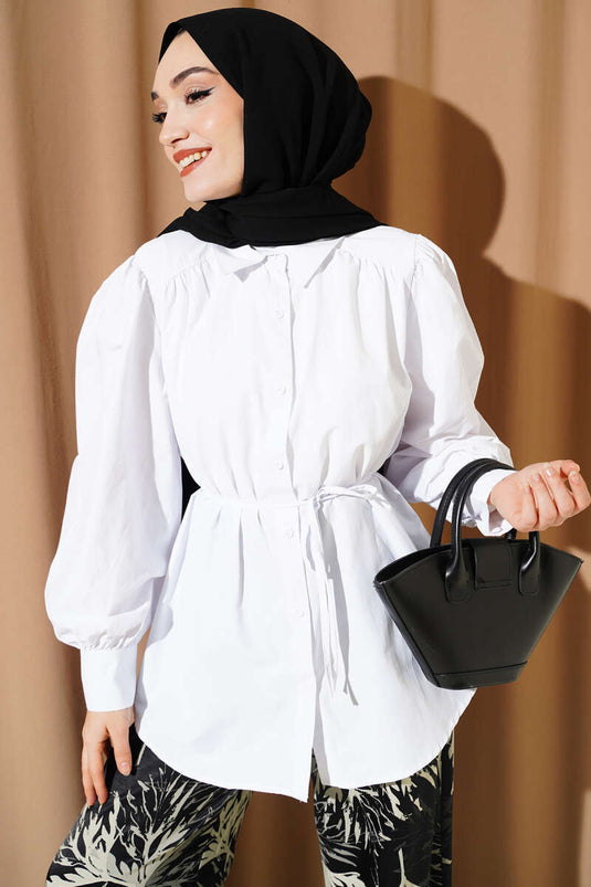 تونيك بأكمام بالون مع تفاصيل حبل باللون الأبيض
