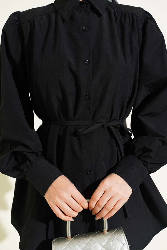 Balloon Sleeve Tunic with String Detail Black