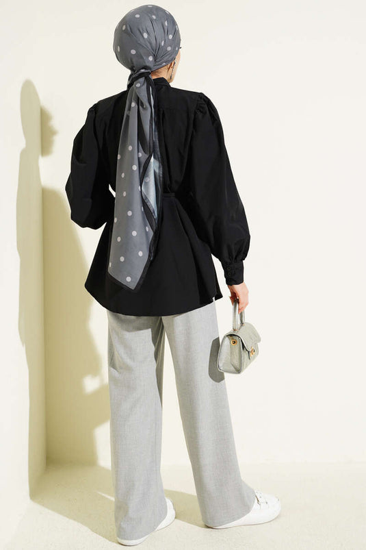 Balloon Sleeve Tunic with String Detail Black