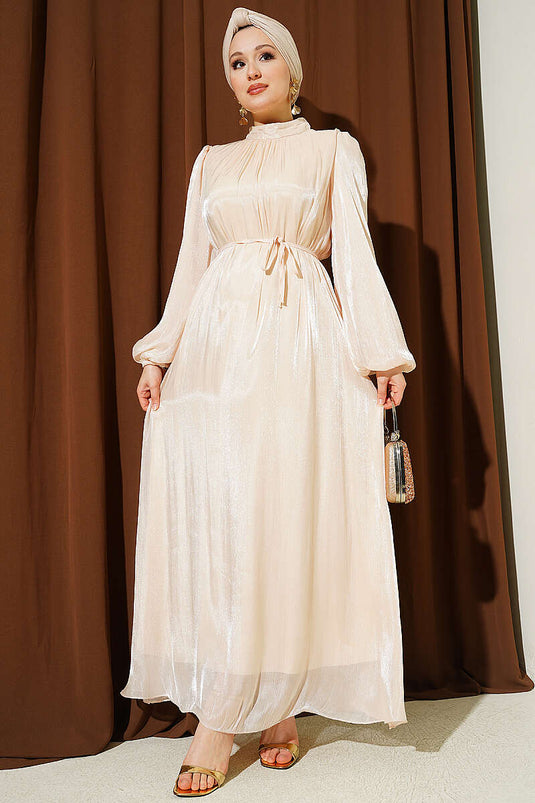 Ballonärmel mit Gürtel aus Chiffon Abendkleid Beige