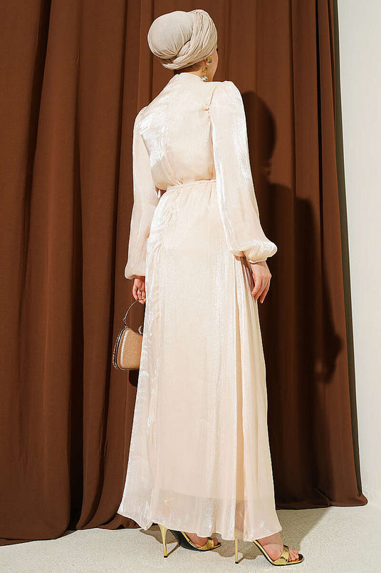 Ballonärmel mit Gürtel aus Chiffon Abendkleid Beige
