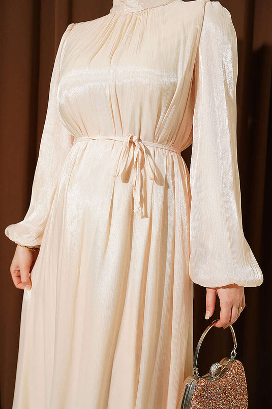 Ballonärmel mit Gürtel aus Chiffon Abendkleid Beige