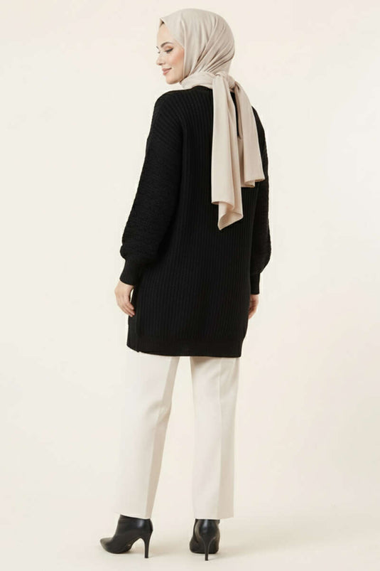 Balloon Sleeve Embossed Knit Tunic Black