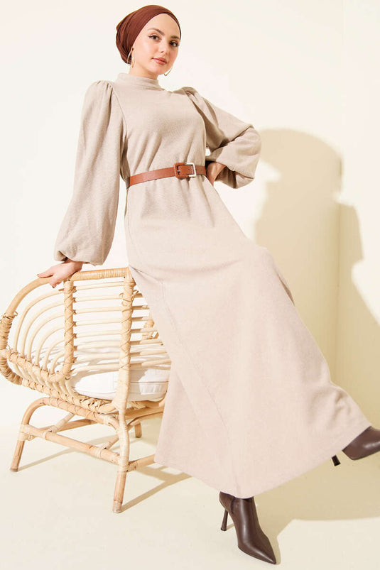 فستان بيج أساسي بأكمام واسعة وحزام