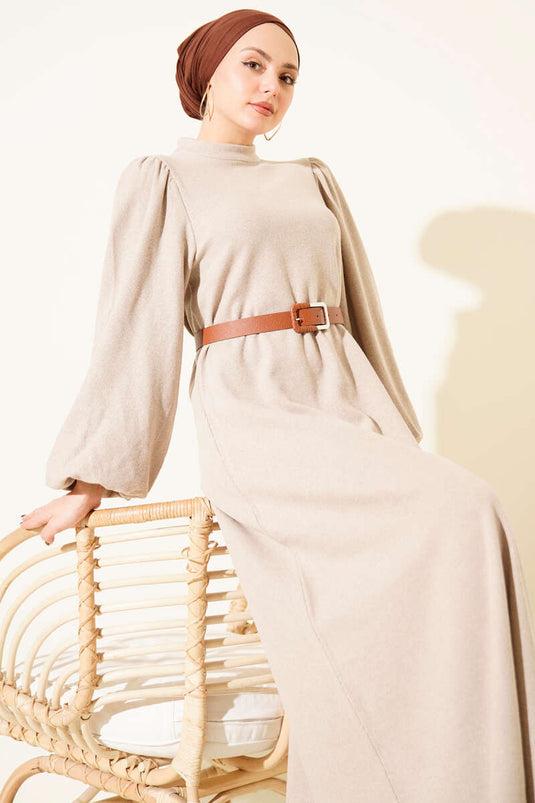فستان بيج أساسي بأكمام واسعة وحزام