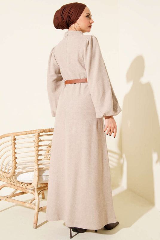 فستان بيج أساسي بأكمام واسعة وحزام