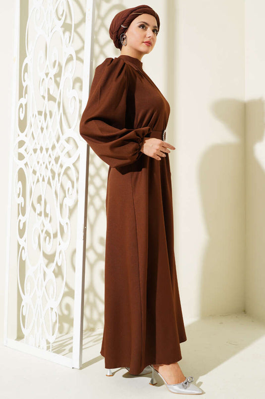 Robe Évasée Ceinturée À Manches Ballon Marron