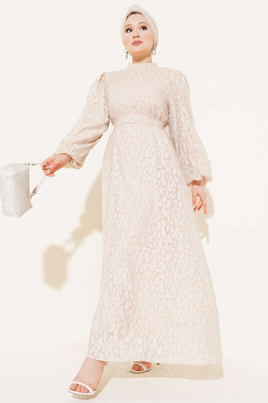 Balon Kol Kendinden Desenli Elbise Bej