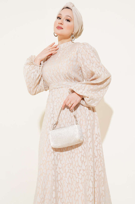 Balon Kol Kendinden Desenli Elbise Bej