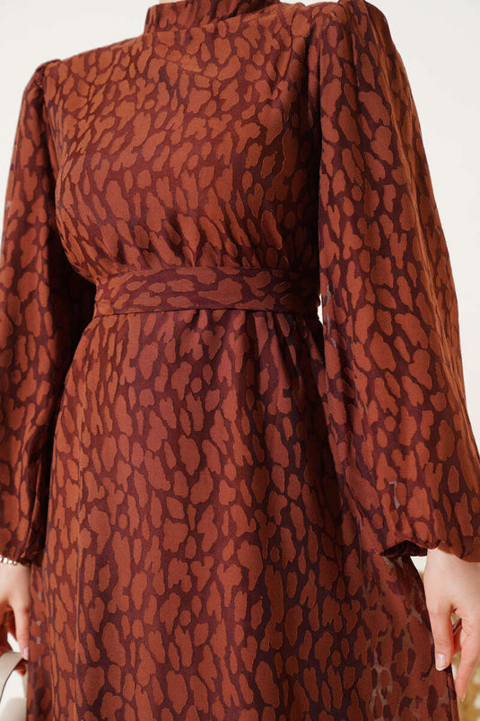 Balon Kol Kendinden Desenli Elbise Kahve