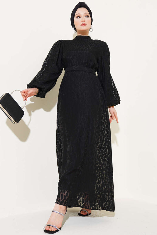 Balon Kol Kendinden Desenli Elbise Siyah