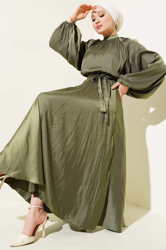 Balloon Sleeve Wrinkled Satin Skirted Two-Piece Set Khaki