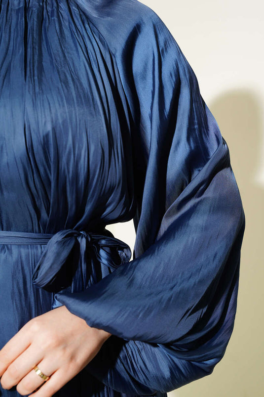 Balloon Sleeve Wrinkled Satin Skirted Two-Piece Set Petrol