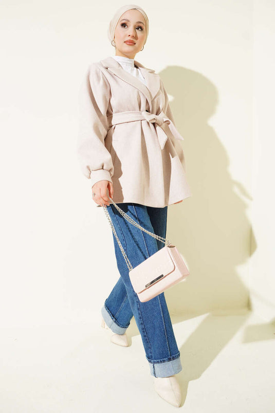 Balloon Sleeve Short Cashmere Coat Light Pink