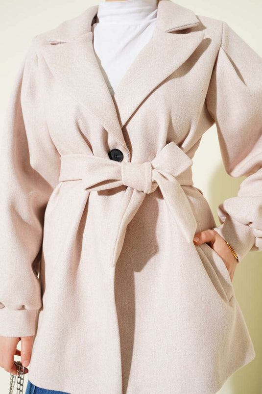 Balloon Sleeve Short Cashmere Coat Light Pink